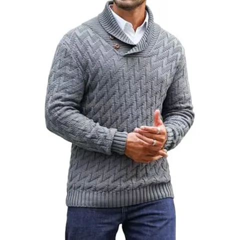 Ανδρικό Πλεκτό Πουλόβερ από Πολυεστέρα Slim Fit Γιακάς Σάλι Με Κουμπιά Γεωμετρικό Σχέδιο Ψαροκόκαλο Μακρύ Μανίκι