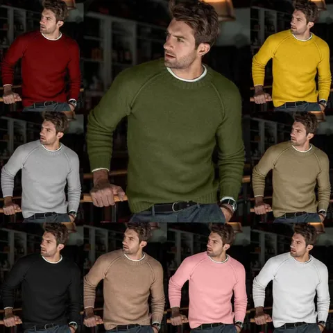 Men's Casual Knitted Sweater Solid Color Raglan Sleeve Pullover Top Polyester Crew Neck Warm Winter Fashion Jumper