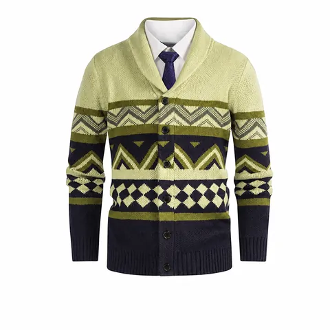 Men's British Style Polyester Knit Cardigan Sweater Shawl Collar Color Block Geometric Pattern Slim Fit Button Down Top