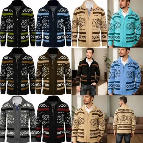 Men's Geometric Jacquard Knit Cardigan Jacket Vintage Zip Up Lapel Long Sleeve Sweater Fall Winter Casual Fashion Top