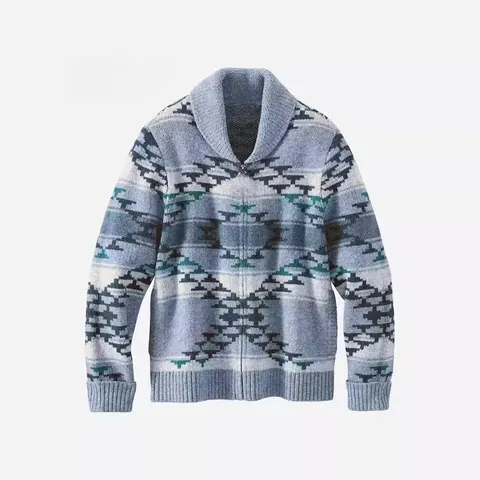 Men Vintage Geometric Jacquard Knitted Cardigan Sweater Shawl Collar Full Zip Top Long Sleeve Casual Thick Outerwear