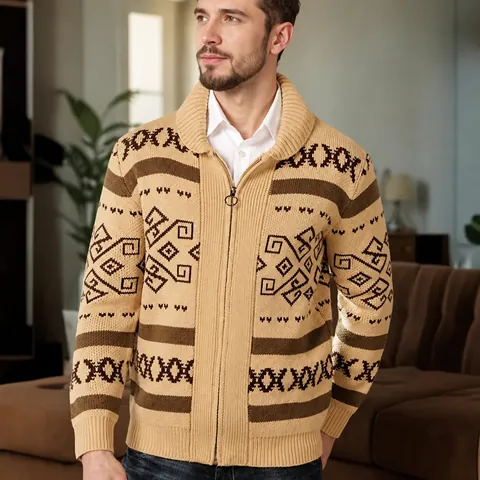 Men's Geometric Jacquard Knit Cardigan Jacket Vintage Zip Up Lapel Long Sleeve Sweater Fall Winter Casual Fashion Top