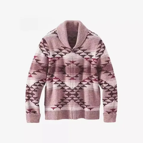 Men Vintage Geometric Jacquard Knitted Cardigan Sweater Shawl Collar Full Zip Top Long Sleeve Casual Thick Outerwear