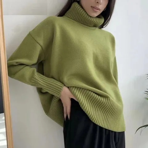 Women High Turtleneck Solid Color Knit Sweater Loose Oversized Pullover Long Sleeve Soft Alpaca Blend Top