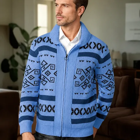 Men's Geometric Jacquard Knit Cardigan Jacket Vintage Zip Up Lapel Long Sleeve Sweater Fall Winter Casual Fashion Top