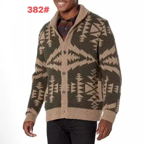 Men Retro Geometric Jacquard Knit Cardigan Shawl Collar Long Sleeve Button Down Sweater Top Casual Vintage Knitwear