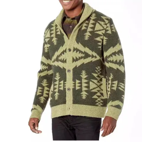 Men Retro Geometric Jacquard Knit Cardigan Shawl Collar Long Sleeve Button Down Sweater Top Casual Vintage Knitwear