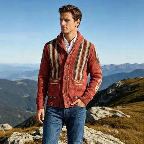 Men Vintage Shawl Collar Striped Cardigan Sweater Polyester Jacquard Knit Outwear Long Sleeve Button Down Top For Autumn Winter Casual
