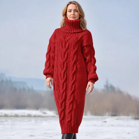 Women High Neck Cable Knit Sweater Dress Long Sleeve Oversized Pullover Knitwear Solid Color Casual Autumn Winter Dress