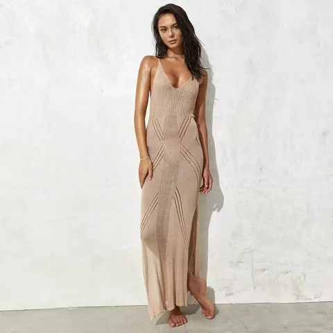 Women sexy Knitted Polyester Beach Maxi Dress V-Neck Spaghetti Strap Hollow Out Crochet Bikini Cover Up Vacation Beachwear