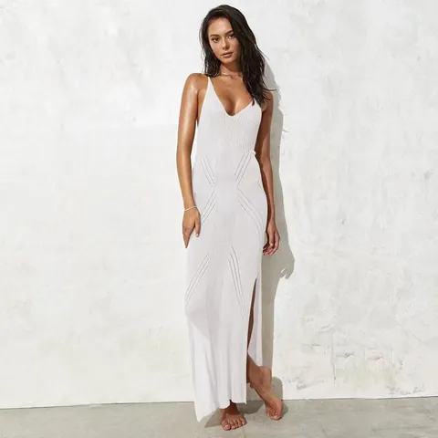 Women sexy Knitted Polyester Beach Maxi Dress V-Neck Spaghetti Strap Hollow Out Crochet Bikini Cover Up Vacation Beachwear