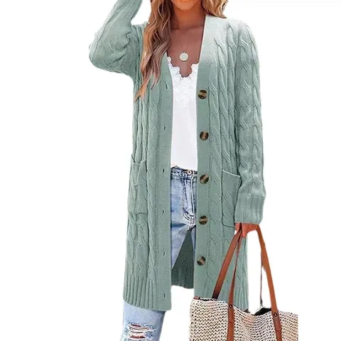 Women Long Cable Knit Cardigan Sweater Casual Loose V-Neck Button Down Outerwear With Pockets Polyester Solid Color Top
