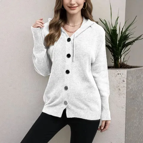 Women's Casual Hooded Knit Cardigan Sweater Solid Color Single Breasted V Neck Loose Long Sleeve Ribbed Warm Winter Top