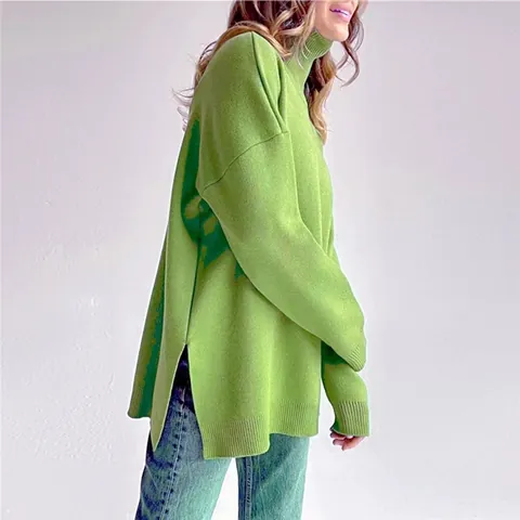 Women's Oversized Turtleneck Sweater Long Sleeve Knit Top Side Slit Solid Color Viscose Loose Pullover Jumper Autumn Winter