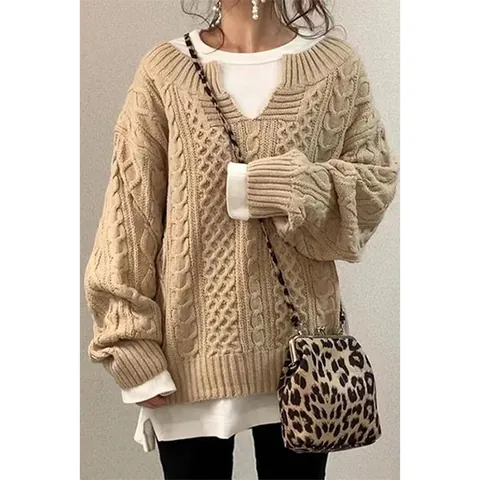 Women Fashion Loose Cable Knit Sweater Casual V-Neck Oversized Pullover Top Lazy Style Solid Color Winter Warm Knitwear