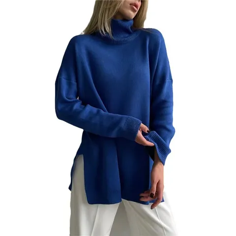 Women's Oversized Turtleneck Sweater Long Sleeve Knit Top Side Slit Solid Color Viscose Loose Pullover Jumper Autumn Winter