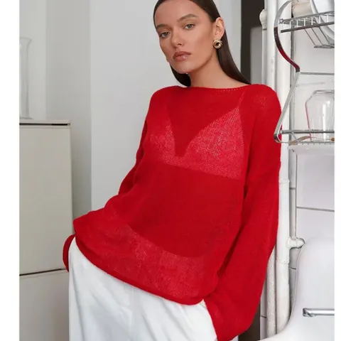 Women Sexy Hollow Out Knit Top Mesh Sheer Acrylic Sweater Loose Round Neck Long Sleeve Patchwork Pullover Knitwear