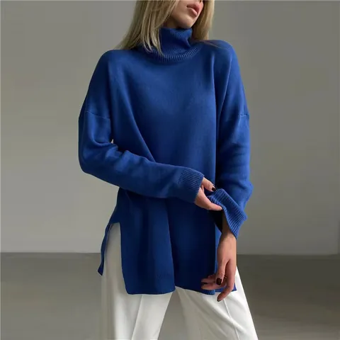 Women's Fall Winter Casual Turtleneck Pullover Sweater Long Sleeve Solid Color Loose Knitwear Basic Tops