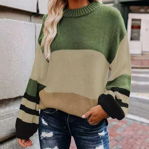 Women's Knit Sweater Casual Loose Color Block Stripe Patchwork Pullover Long Sleeve Round Neck Oversized Winter Autumn Tops
