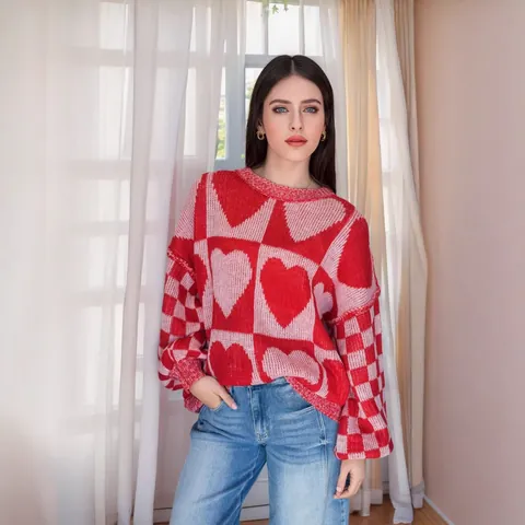 Maglione in Maglia da Donna Stile Casual Motivo a Cuore Manica a Lanterna Girocollo Oversize Pullover Media Lunghezza