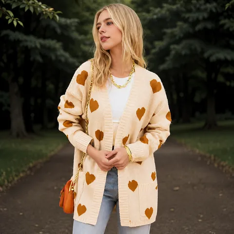 Women Heart Pattern Knitted Cardigan Loose Oversized Long Sleeve Open Front Sweater Coat With Pockets Casual Soft Outerwear