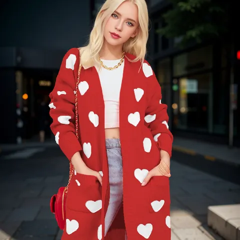 Women Heart Pattern Knitted Cardigan Loose Oversized Long Sleeve Open Front Sweater Coat With Pockets Casual Soft Outerwear