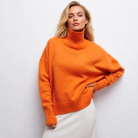 Damen Herbst Winter Rollkragen Langarm Strickpullover Einfarbig Lockerer Pullover Lässig Leichter Acryl Pullover Top