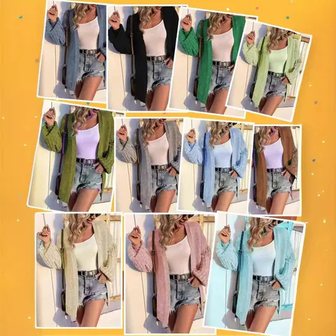 Dames Lantaarnmouwen Gebreid Vest Halflang Effen Kleur Open Voorkant Katoen Polyester Trui Top Voor Herfst Winter Casual
