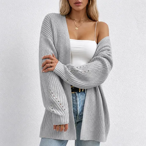 Women Mid-Length Acrylic Knit Cardigan Open Front Long Sleeve Casual Lightweight Sweater Coat Spring Autumn Fashion Top