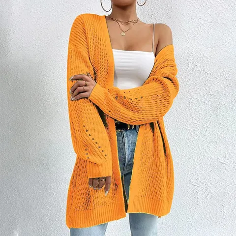 Women Mid-Length Acrylic Knit Cardigan Open Front Long Sleeve Casual Lightweight Sweater Coat Spring Autumn Fashion Top