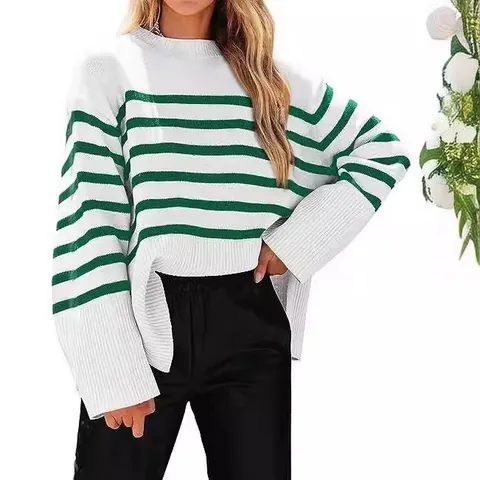 Women Striped Oversized Knitted Sweater Casual Round Neck Wide Sleeve Pullover Autumn Winter Acrylic Knit Top