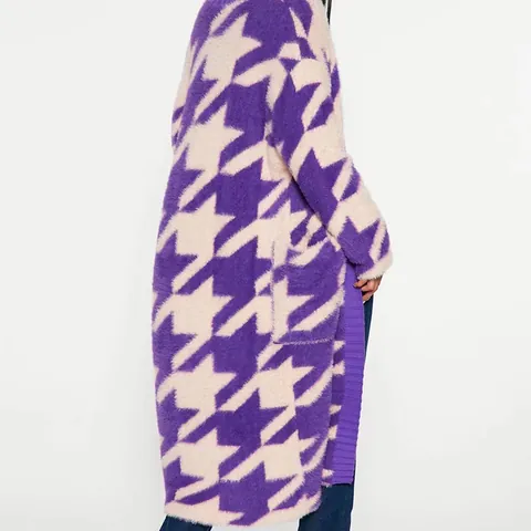 Women Long Houndstooth Knit Cardigan Faux Mink Fur Geometric Open Front Sweater Jacket Retro Loose Warm Outwear Top