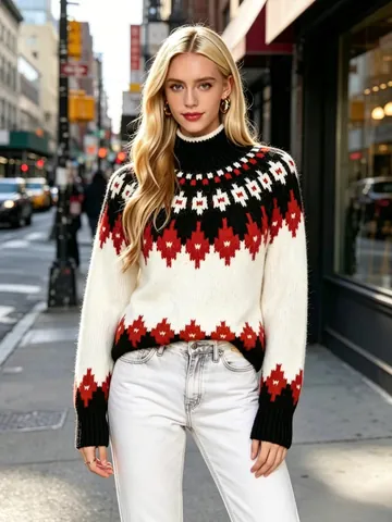 Maglione Jacquard Fair Isle da Donna Collo a Lupetto Misto Poliestere e Lana Geometrico Argyle Vestibilità Comoda Inverno