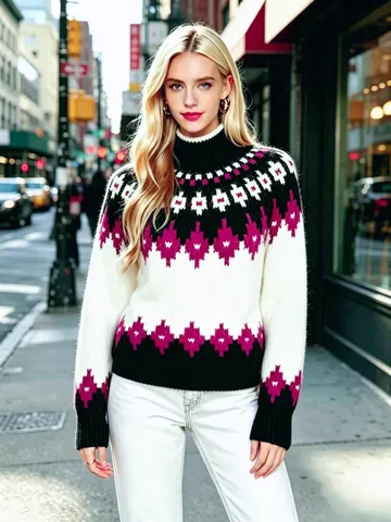 Maglione Jacquard Fair Isle da Donna Collo a Lupetto Misto Poliestere e Lana Geometrico Argyle Vestibilità Comoda Inverno