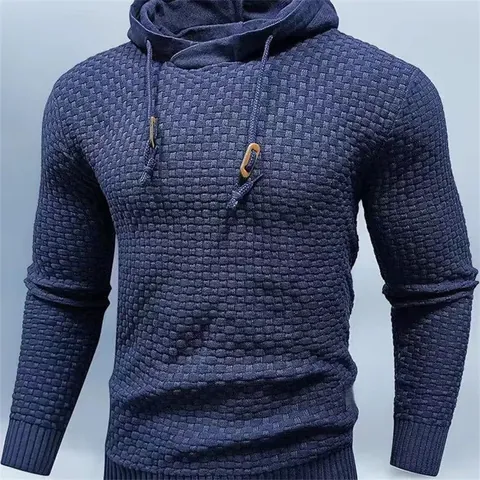 Men's Slim Fit Wool Blend Hooded Sweater Waffle Knit Jacquard Pull-Over Casual Sports Long Sleeve Top Jacket For Winter Autumn