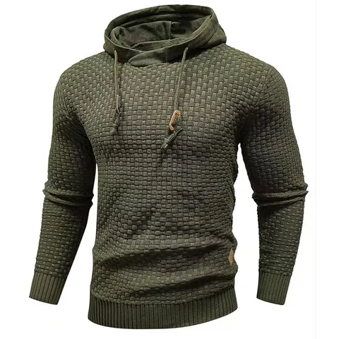Men's Slim Fit Wool Blend Hooded Sweater Waffle Knit Jacquard Pull-Over Casual Sports Long Sleeve Top Jacket For Winter Autumn