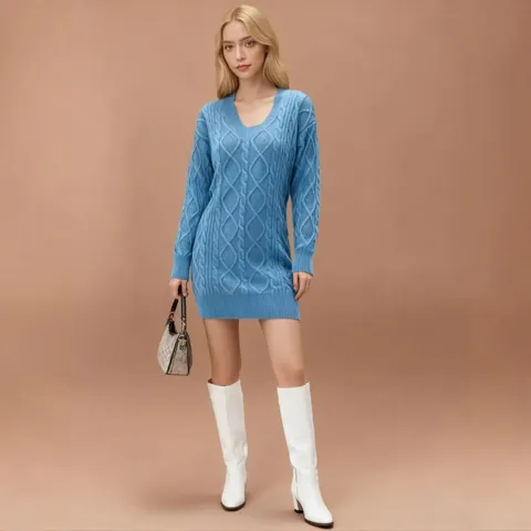 Women's V-Neck Cable Knit Sweater Dress Long Sleeve Solid Color Thick Warm Knitwear Mid-Length Fashion Casual Dress