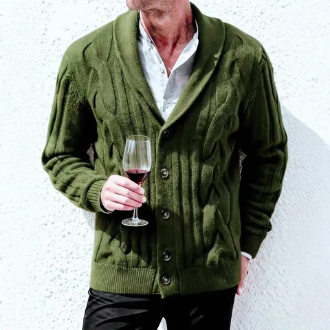 Men's Fashion Shawl Collar Cable Knit Cardigan Sweater Solid Color Long Sleeve Button Up Outerwear Coat for Winter Autumn