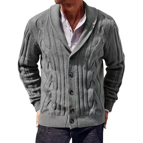 Men's Fashion Shawl Collar Cable Knit Cardigan Sweater Solid Color Long Sleeve Button Up Outerwear Coat for Winter Autumn