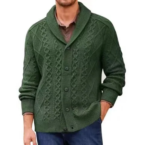 Men Business Casual Cable Knit Cardigan Sweater Shawl Collar Single Breasted Long Sleeve Button Up Warm Knitwear Top Jacket