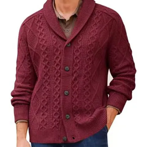 Men Business Casual Cable Knit Cardigan Sweater Shawl Collar Single Breasted Long Sleeve Button Up Warm Knitwear Top Jacket