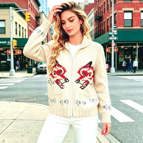 Women's Retro Double Wolf Jacquard Knitted Cardigan Acrylic Zipper Lapel Loose Sweater Jacket