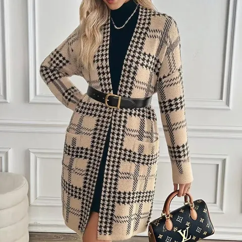 Women Houndstooth Knitted Long Cardigan Open Front Sweater Jacket With Pockets Autumn Winter Loose Elegant Outerwear Top