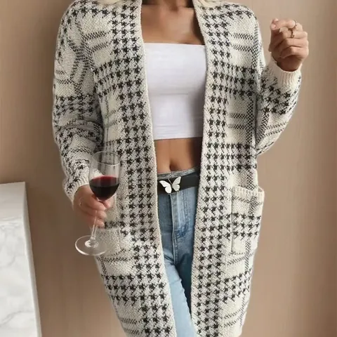 Women Houndstooth Knitted Long Cardigan Open Front Sweater Jacket With Pockets Autumn Winter Loose Elegant Outerwear Top