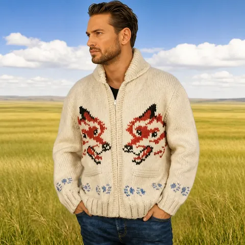 Herren Vintage Fuchs Jacquard Grobstrick Cardigan Pullover Jacke Schalkragen Reißverschluss Vorne Locker Geschnittenes Langarm Top