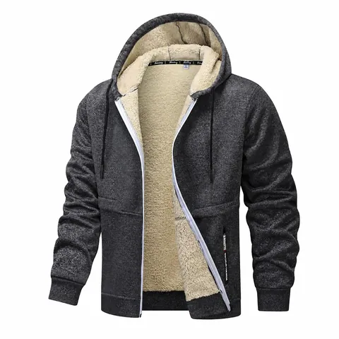 Men Zip Up Hoodie Sherpa Lined Heavyweight Fleece Jacket Warm Hooded Sweatshirt Casual Winter Outwear Solid Color Top