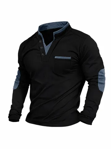 Men's Stand Collar Long Sleeve Sweatshirt Color Block Patchwork Polo Shirt Casual Polyester Top With Chest Pocket For Autumn