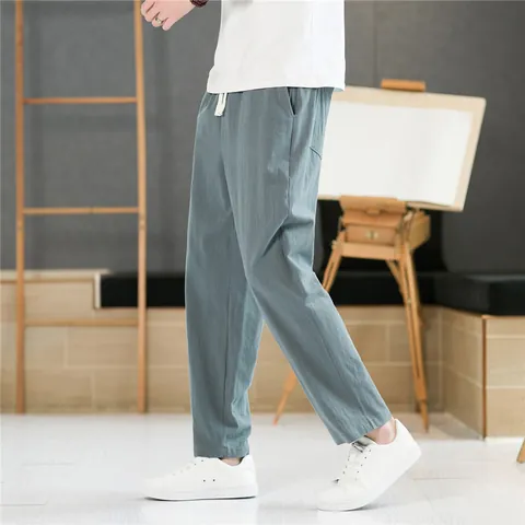 Pantalons Décontractés en Coton pour Hommes Nouveau Style Chinois Ample Harem Longueur Cheville Léger Respirant Cordon Été