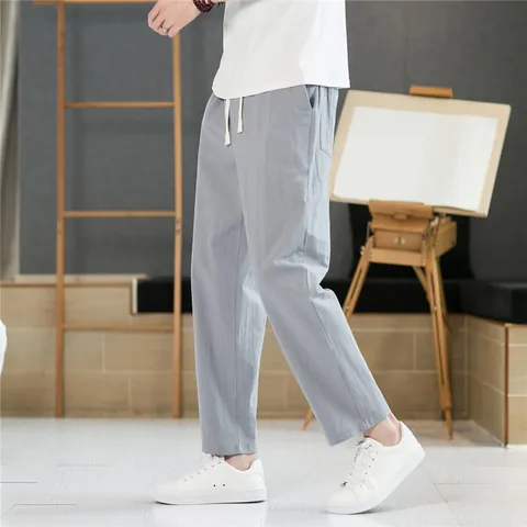 Pantalons Décontractés en Coton pour Hommes Nouveau Style Chinois Ample Harem Longueur Cheville Léger Respirant Cordon Été