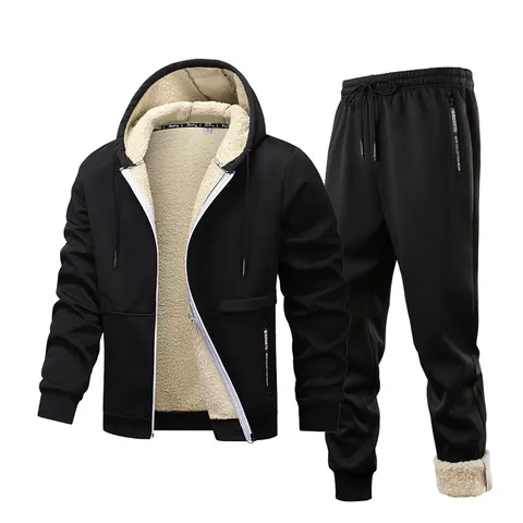 Men Winter Warm Sherpa Lined Tracksuit Hooded Jacket and Pants Casual Thermal Sportswear Top And Bottom Sporty Set